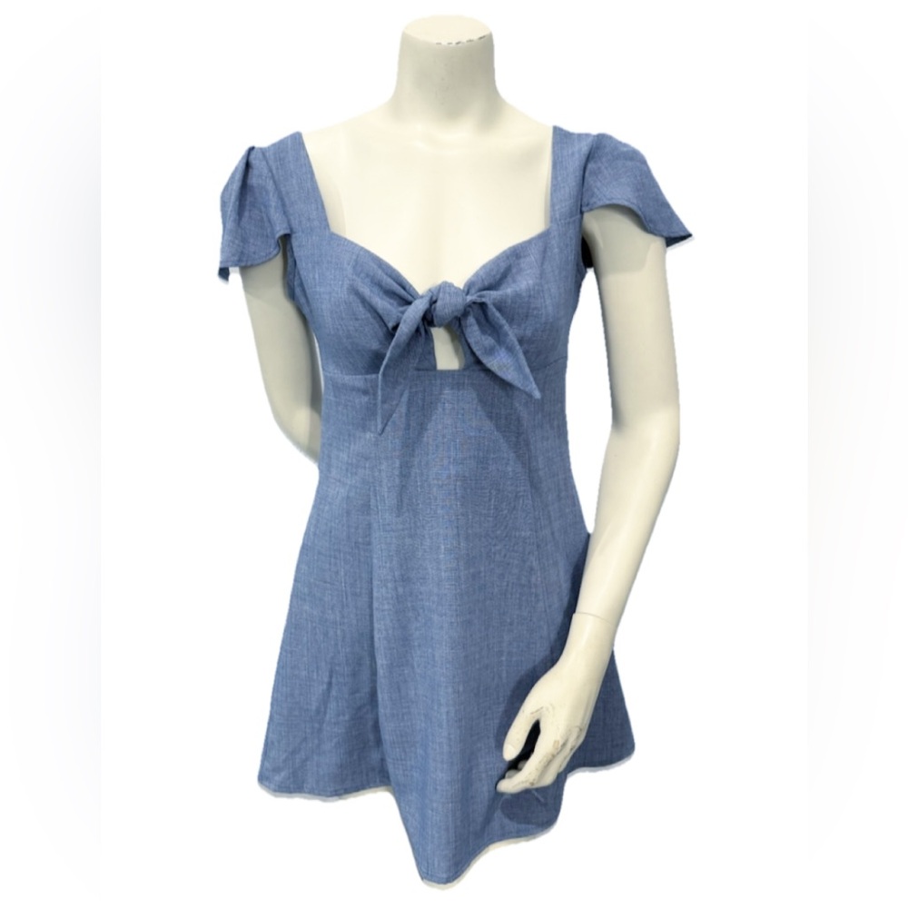 Gianni Bini Denim Looking Mini Dress Women’s S Blue Front Tie Cap Sleeve Lined